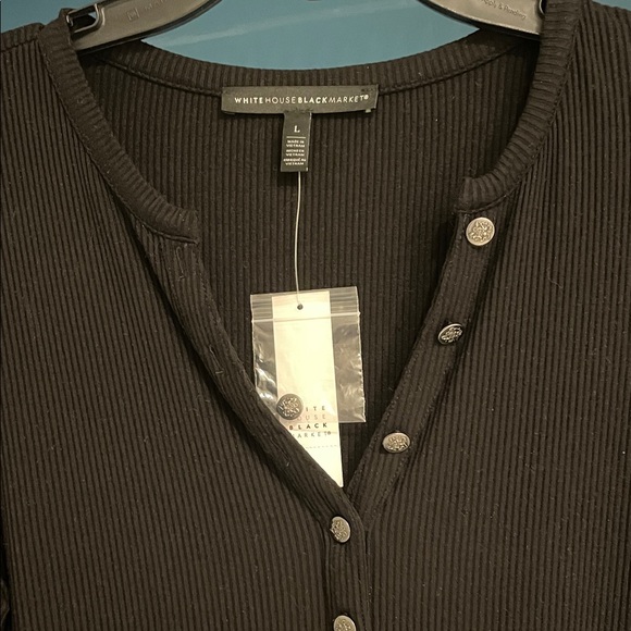 White House Black Market Beautiful Black V-Neck Ribbed Henley Top w/spandex - Picture 4 of 6